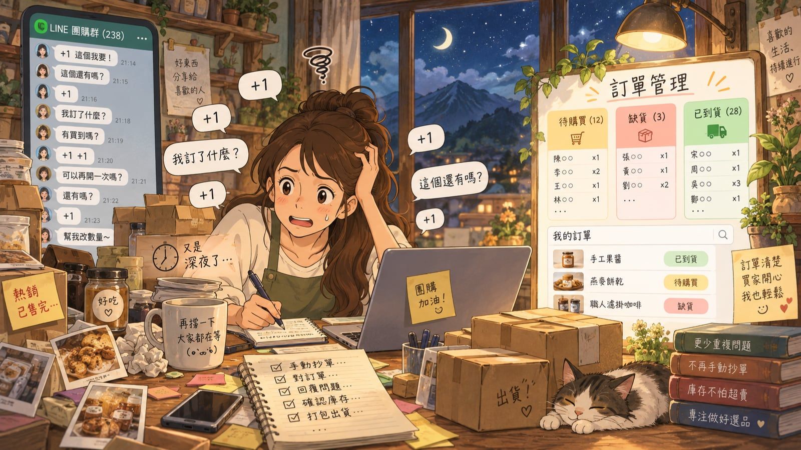 團主深夜對著 LINE 團購群裡一連串「+1」留言手動抄單,旁邊的螢幕是分成待購買、缺貨、已到貨三欄的訂單管理畫面