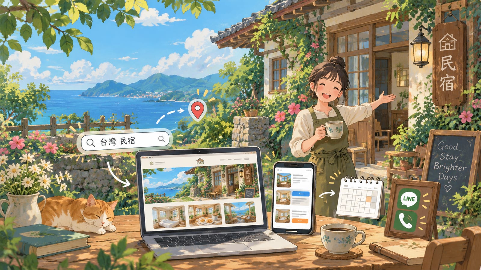 民宿老闆站在民宿門口,桌上的筆電與手機顯示房型頁面,旁邊有搜尋「台灣 民宿」的搜尋框、行事曆與 LINE、電話的圖示