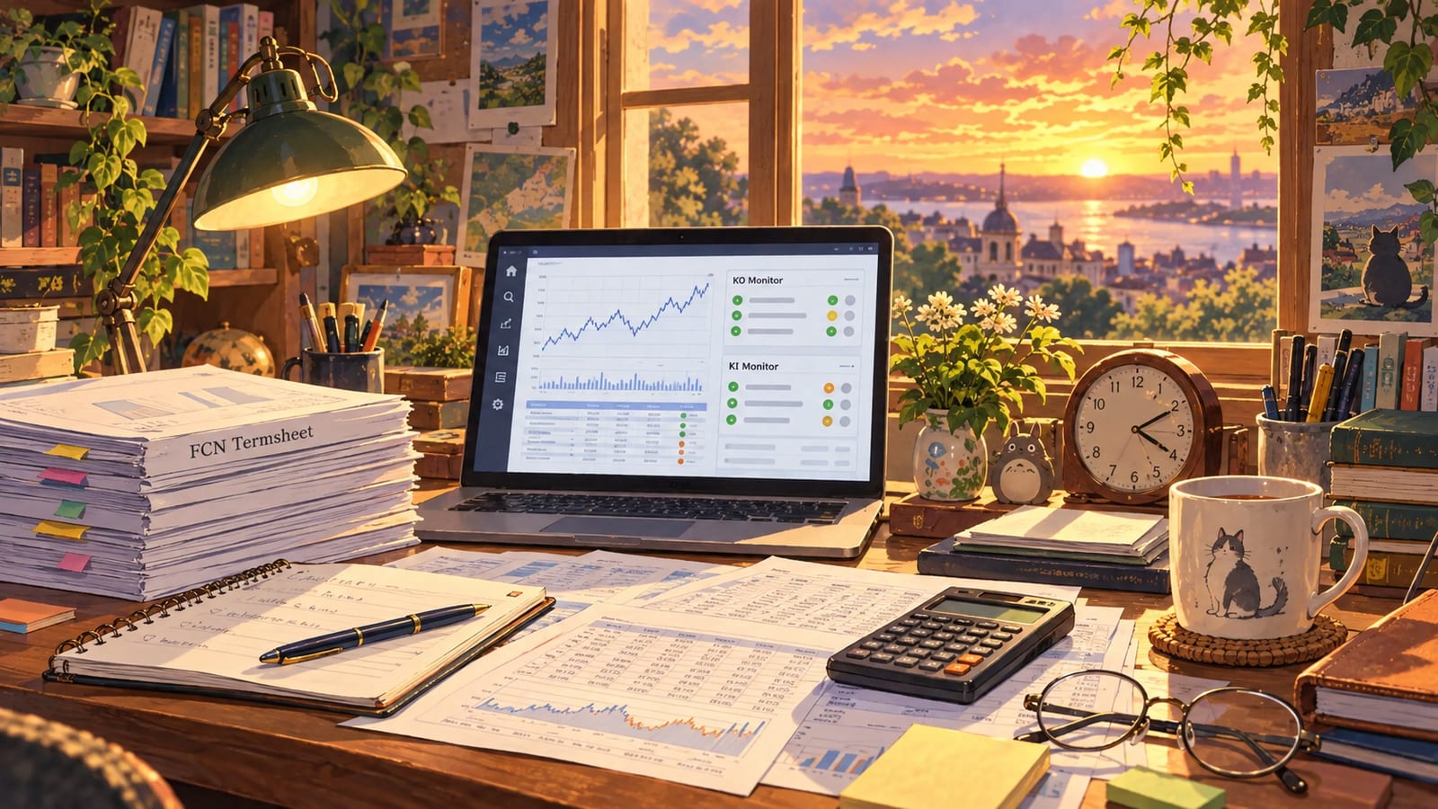 FCN 票據旁攤著記錄每日股價的 Excel 表格與計算機,呈現收盤後人工核對 KO、KI 條件的工作情境