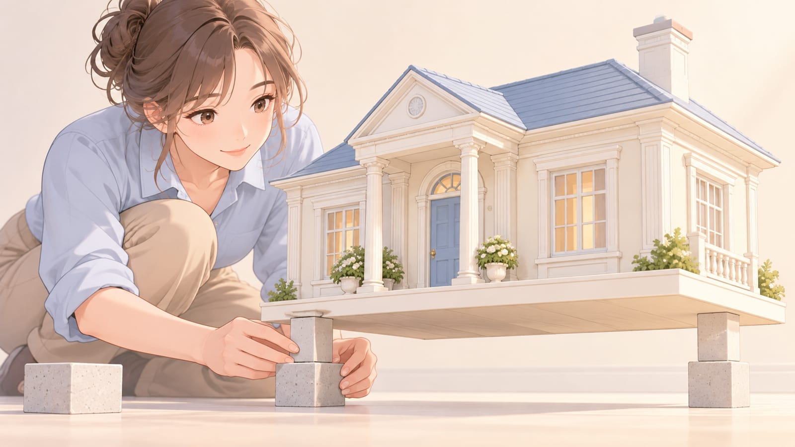 柔和粉彩動畫風格的畫面,一位穿淺藍襯衫的女生蹲在地上,把水泥塊一塊塊疊成支柱,撐起一棟白牆藍屋頂、立著圓柱的新古典小屋模型,小屋底下還有一角懸空